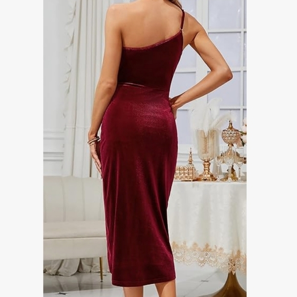 TINSTREE One Shoulder Velvet Bodycon Ruched Cocktail Party Dress Wine Red Size M - Picture 3 of 13